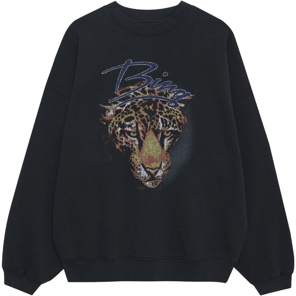 Anine Bing Vintage Black Logo Leopard Harvey Sweatshirt Oversized Crewneck XS